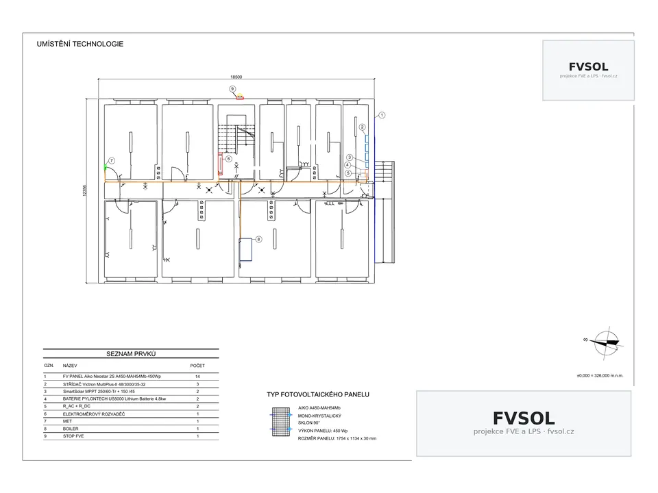 Půdorys bytového domu s umístěním technologie fotovoltaické elektrárny