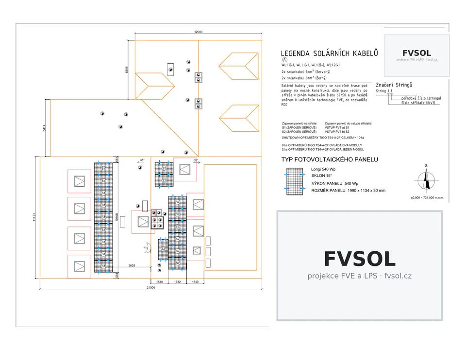 Půdorys střechy hotelu s rozložením fotovoltaických panelů
