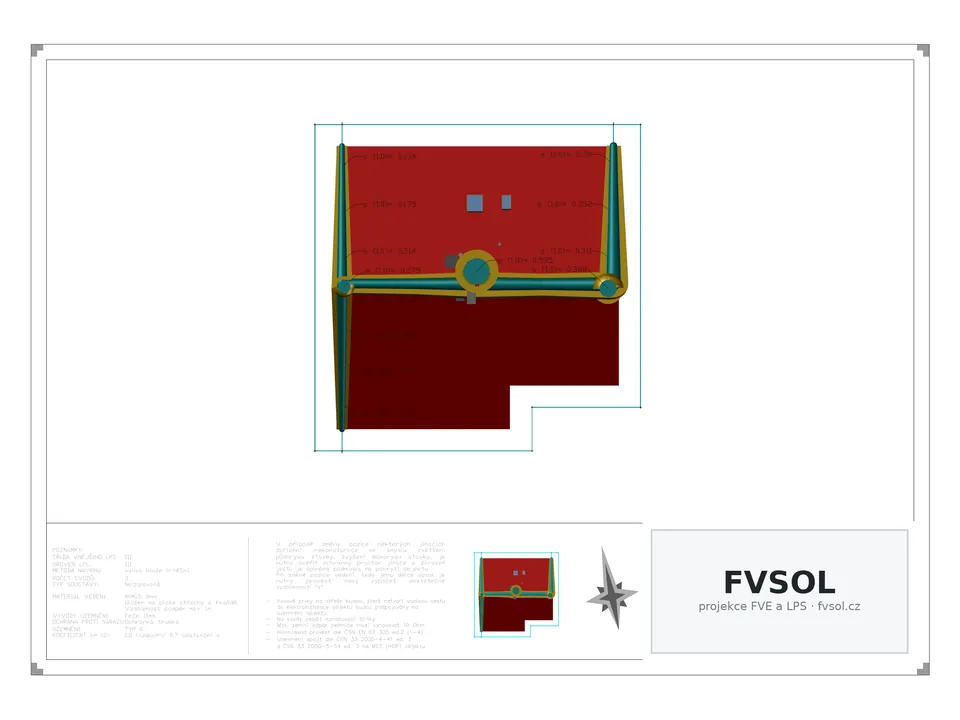 3D model střechy rodinného domu s hromosvodem a vypočtenými odstupovými vzdálenostmi