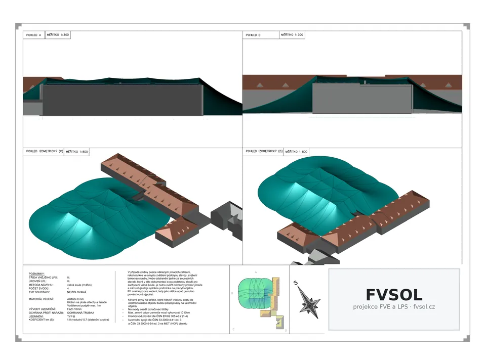 3D pohledy hromosvodu školní tělocvičny s ochranným prostorem metodou valivé koule