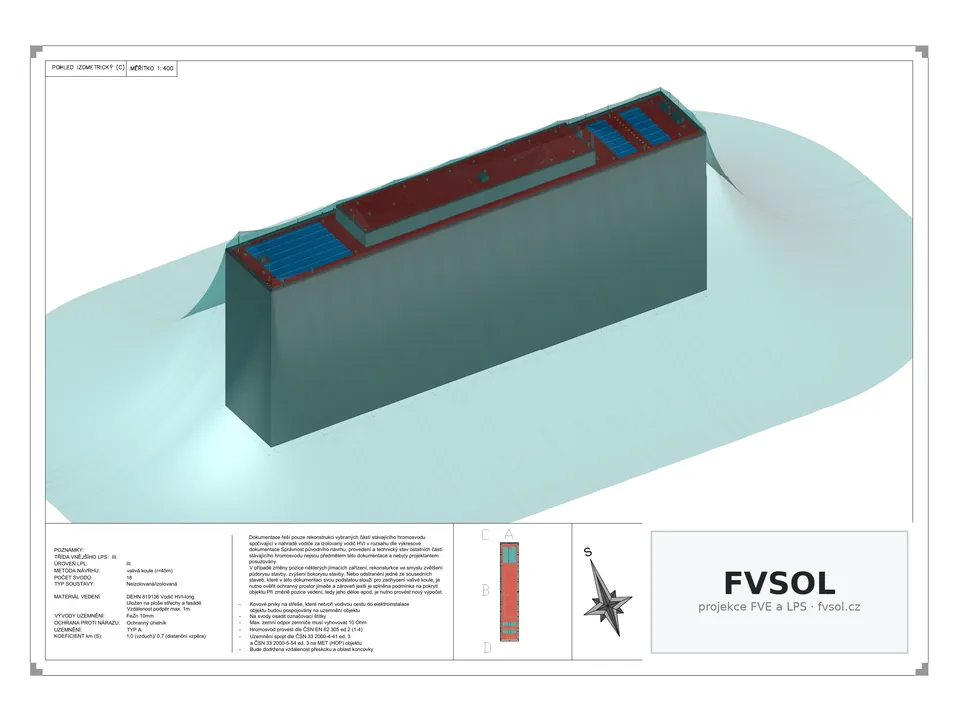 3D model budovy městského úřadu s FVE a ochranným prostorem hromosvodu