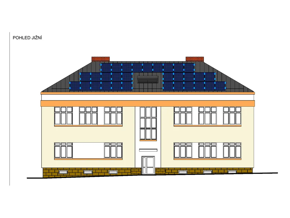 Jižní pohled na budovu základní školy s fotovoltaickými panely na střeše